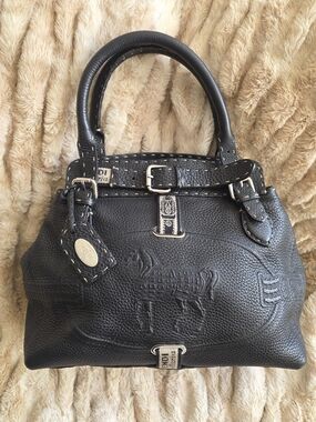 Fendi Selleria Borghese Black Leather Embossed Horse Satchel with Top Handles